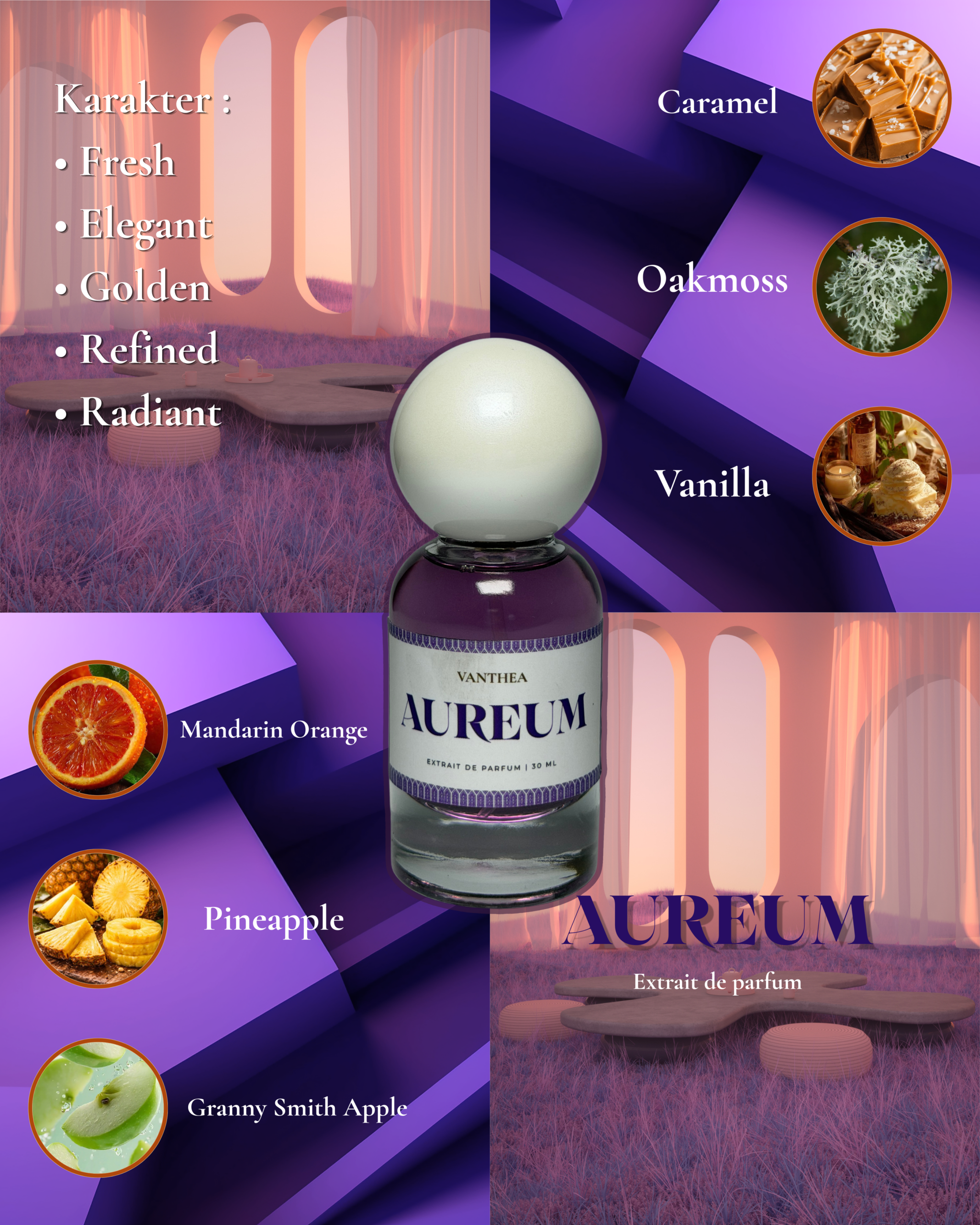 Karakter Soft • Elegant • Feminine • Graceful • Timeless - 3 AUREUM For Unisex - Extrait De Parfum 30 ml